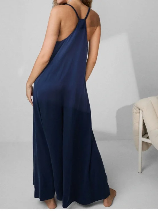 Navy V-Neck Wide-Leg Jumpsuit Washable Silk Elastic Strap Jumpsuit - Picture 2 of 6